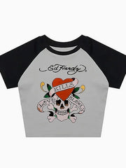 Skull Rose Graphic Vintage Slim T-shirt