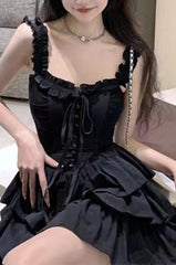 Black Ruffled Lace Up Slip Cake Mini Dress