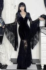 Gothic Velvet Lace Bell Sleeve Vintage Halloween Maxi Dress