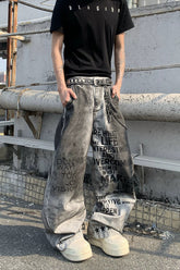 Spray Paint Dirty Dye Print Loose Fit Jeans Pants
