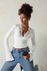 Slim Deep V Bell Sleeve Lace Trim Knit Top