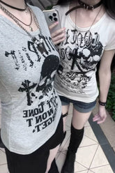 Y2K Punk Skull Print Slim Short Sleeve T-shirt