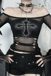 Gothic Rhinestone Cross Mesh T-Shirt