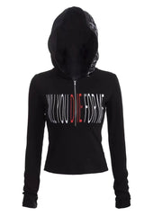 Gothic Graphic Hooded Long Sleeve Crop Top