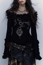 Grunge Punk Tattoo Print Black Knit Top