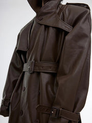 Waterproof Belted Leather Long Coat