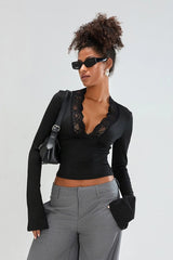 Slim Deep V Bell Sleeve Lace Trim Knit Top