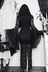 Dark Gothic Lace Flared-sleeve Hollow-out Hem Maxi Dress
