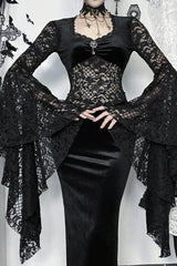 Dark Gothic Lace Fitted Flared-sleeve Hollow-out Maxi Dress