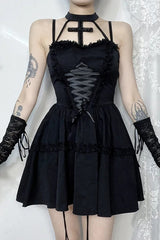 Lace Bandage Cross Halter Backless Gothic Mini Dress
