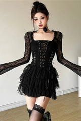 Dark Academic Lace Patchwork Mini Dress
