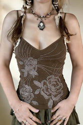 Y2K Vintage Rhinestone Print V-Neck Camis