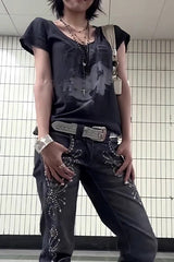 Portrait Print Vintage Slim Regular Shoulder T-Shirt