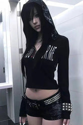 Gothic Graphic Hooded Long Sleeve Crop Top