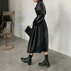 Oversized Lapel Leather Long Coat