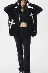 Black Vintage Y2k Goth Harajuku Cross Knitted Oversized Cardigan Sweater