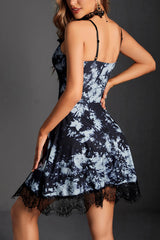Grunge Tie Dye Ruched Lace Trim Backless Mini Dress