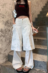 Bow Decor Layered Look White Baggy Pants
