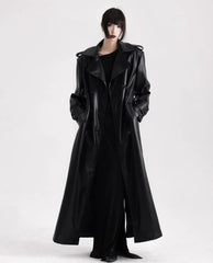 Long Black Soft Leather Long Coat