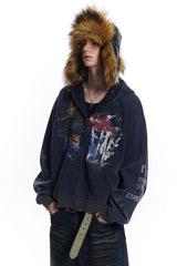 Hip-hop Graffiti Print Zip-up Hooded Coat