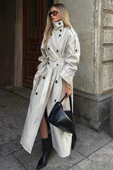 Beige Double-breasted Lapel Belted Trench Coat