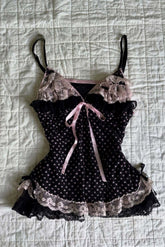 Black Pink Heart Polka Dot Lace Splice Cami