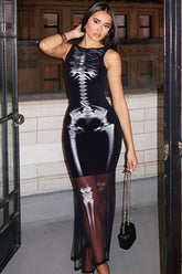 Halloween Skull Mesh Bodycon Dress