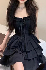 Black Ruffled Lace Up Slip Cake Mini Dress