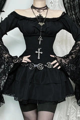 Dark Gothic One Shoulder Shaping Waist Patchwork Slim Mini Dress