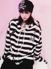 Harajuku Gothic Skull Striped Knitted Zipper Hoodie