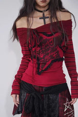 Vintage Goth Striped Off Shoulder Knit Top