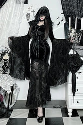 Dark Goth Flocking Lace Batwing Sleeve Hooded Maxi Dress