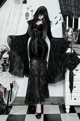 Dark Goth Flocking Lace Batwing Sleeve Hooded Maxi Dress
