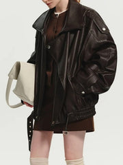 Long Sleeve Brown Leather Jacket