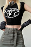 Dark Edgy Print Ruffle Sleeve Slim Crop Top