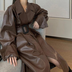 Oversized Lapel Leather Long Coat
