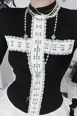 Y2K Aesthetic Lace Paneled Gothic T-shirt