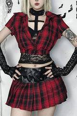 Harajuku Grunge Red Plaid Short Sleeve Crop T-shirt