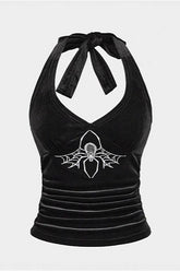 Dark Spider Embroidery Lace-up Halter Top