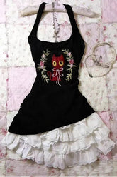 Vintage Y2K Cat Embroidery Halter Top