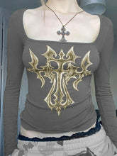 Cross Print Gothic Slim Long Sleeve Knit Top