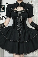 Dark Gothic Lace Patchwork High Waist Bandage Lolita Mini Dress