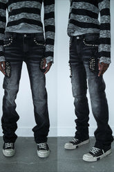 Rhinestone Washed High Street Unisex Denim Pants