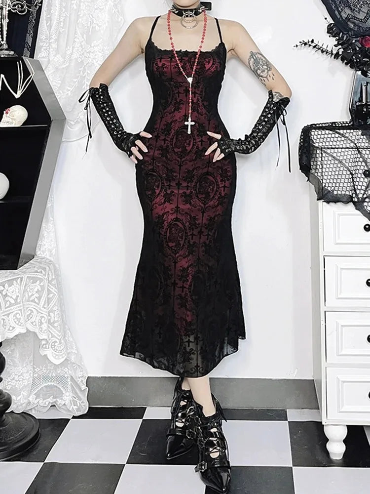 Vintage Cross Pattern Spaghetti Midi Dress