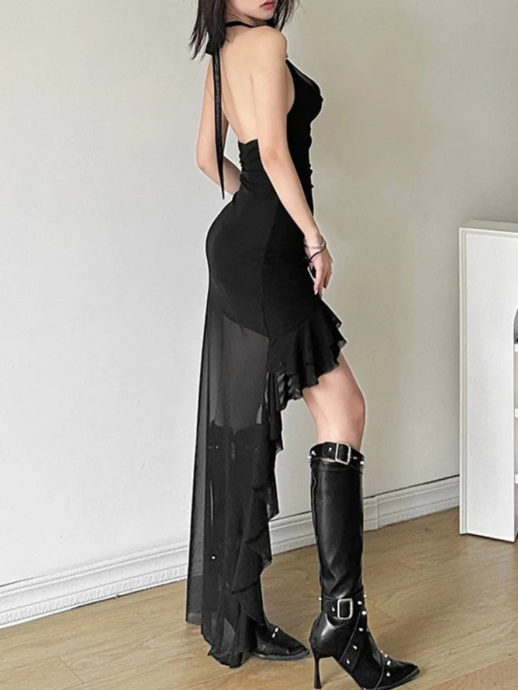 Vintage Ruffled Halter Black Midi Dress