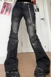 Y2K Alt-Culture Washed Print Bootcut Slim Denim Pants