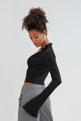 Slim Deep V Bell Sleeve Lace Trim Knit Top