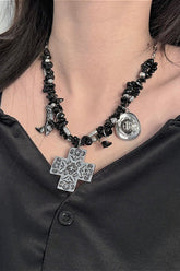 Punk Black Crushed Stone Cross Necklace