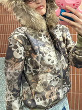 Y2K High-Street Camo Skull Print Hooded Zip Coats with Furry Coat