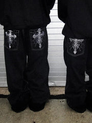 Gothic Y2K Skull Cross Embroidered Straight Wide Leg Denim Pants